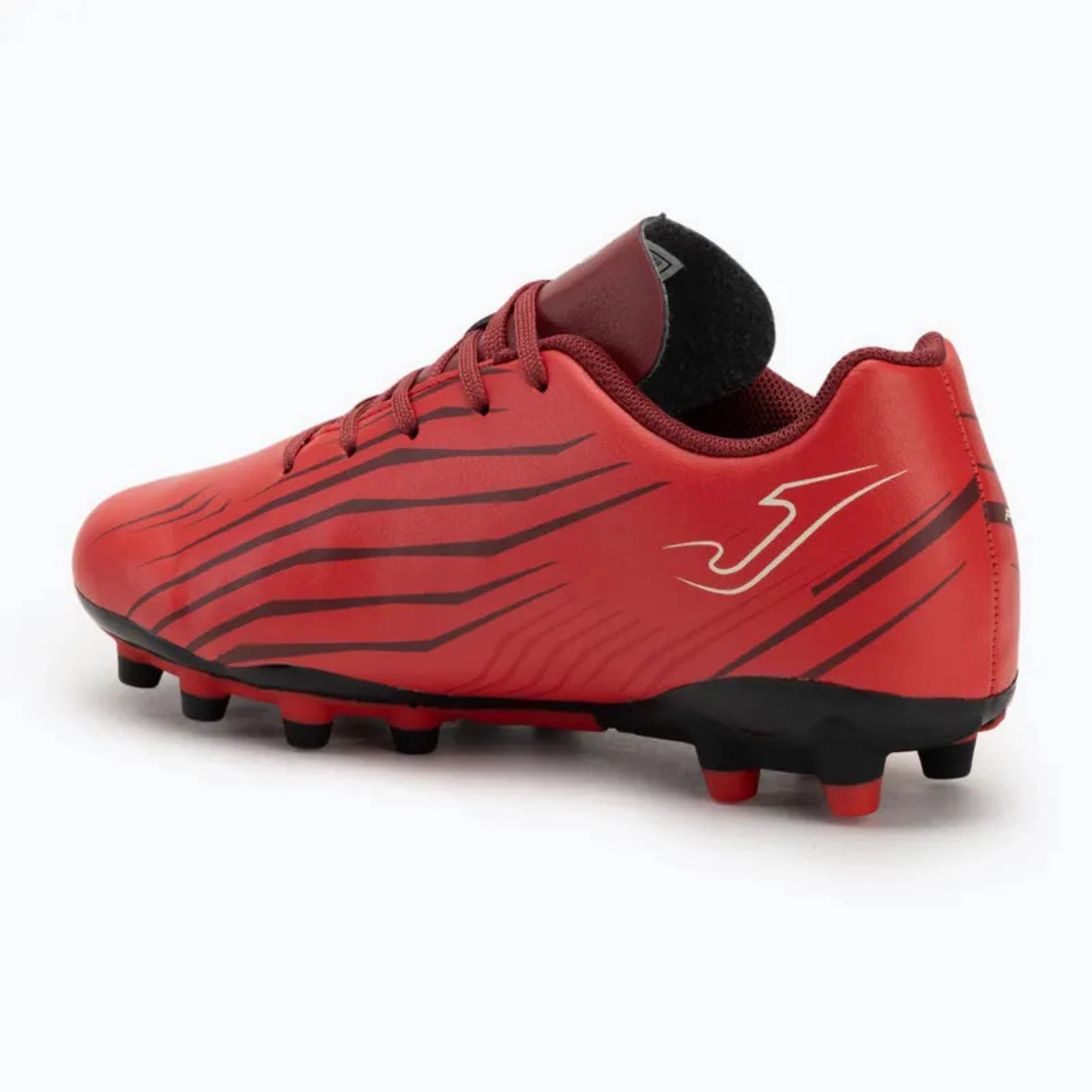 Red soccer cleat with black accents on a back view