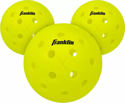 Three yellow pickleball balls with Franklin branding on a white background