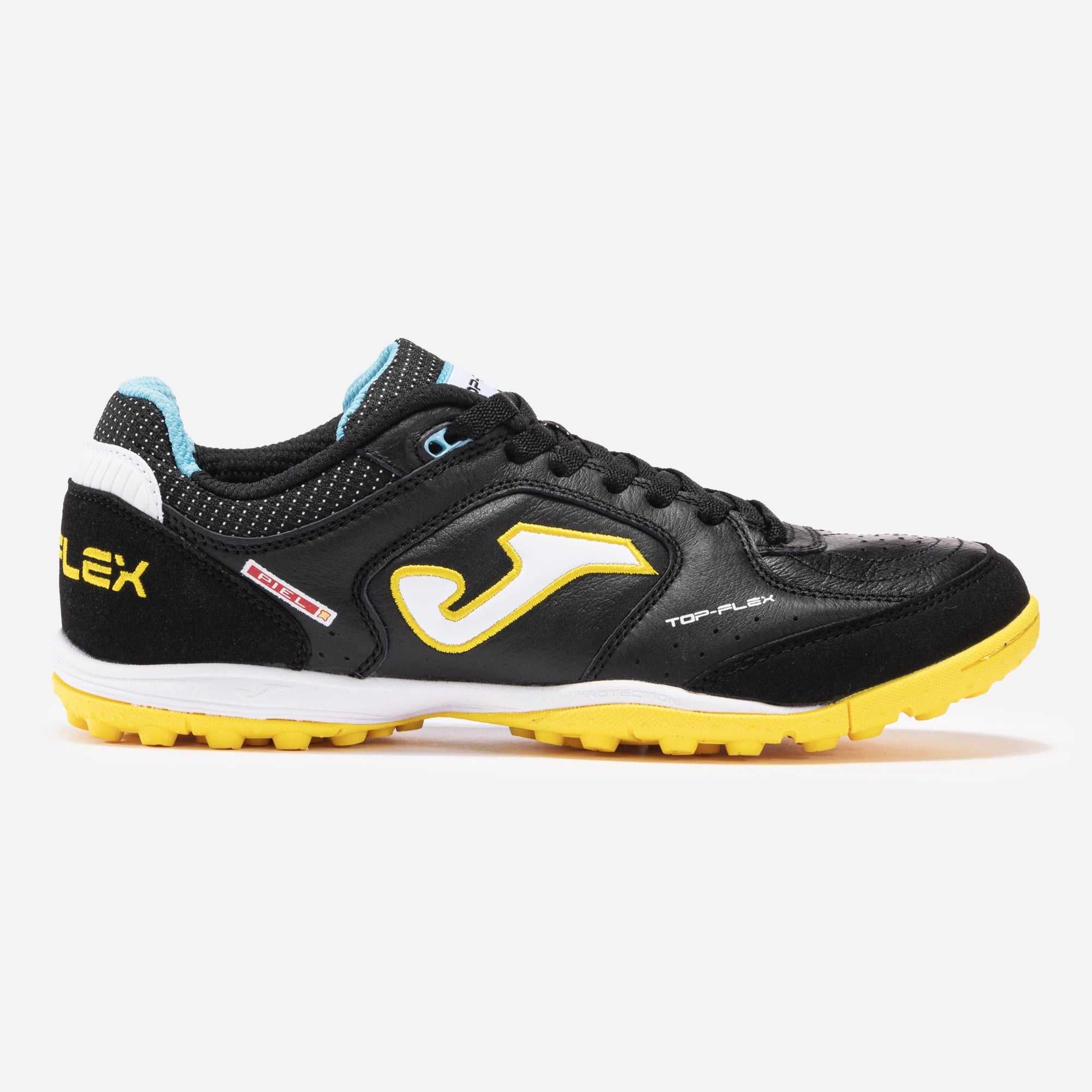 Joma Top Flex 2301 turf soccer shoes in yellow – side view showing flexible synthetic upper and durable rubber outsole.