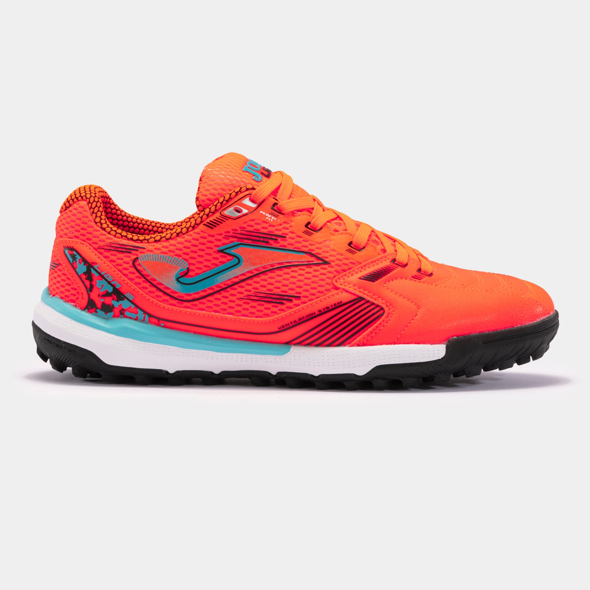 Joma Liga 5 2408 turf soccer shoes in orange – side view showing durable synthetic upper and rubber outsole for turf.