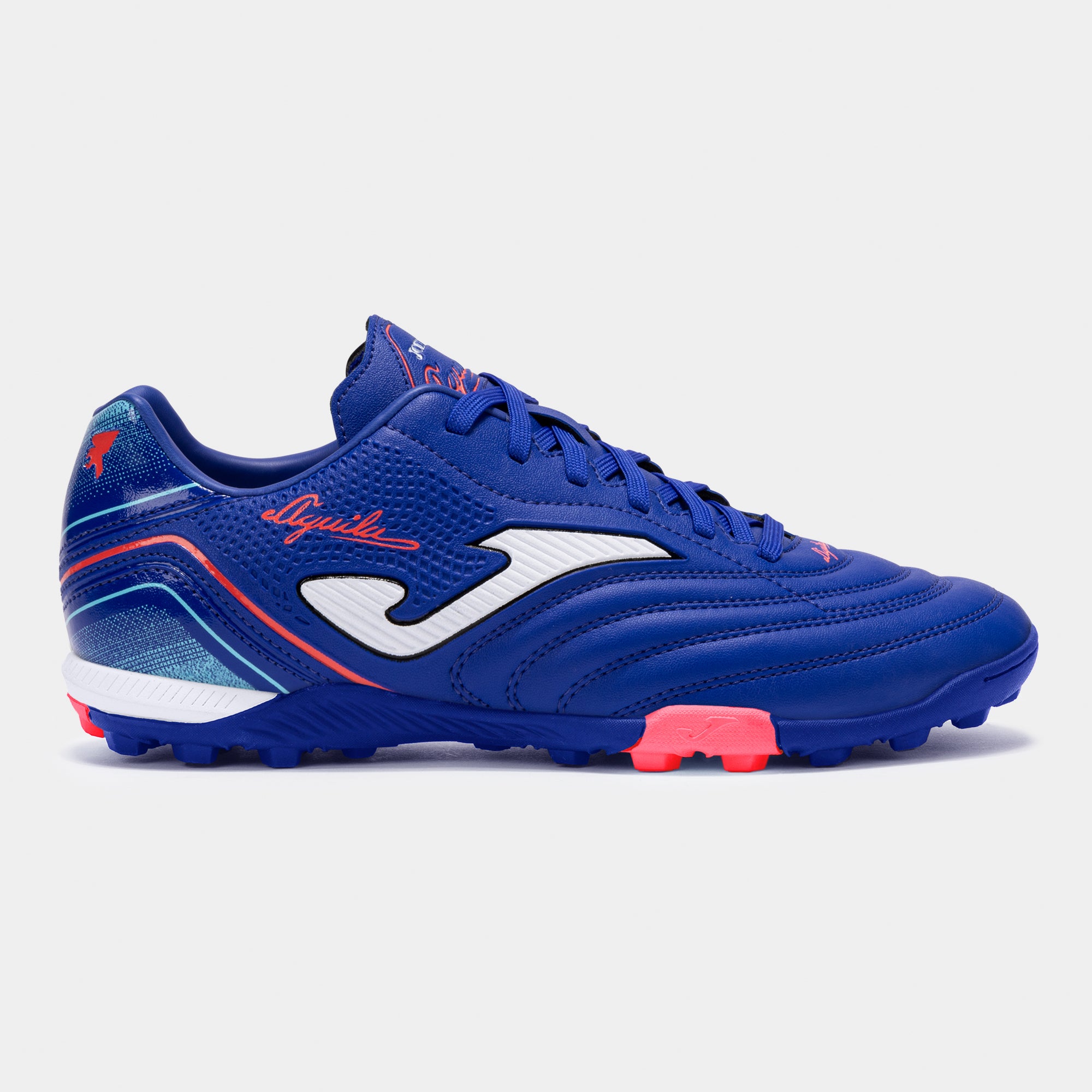 Blue soccer cleat with red accents on a light gray background