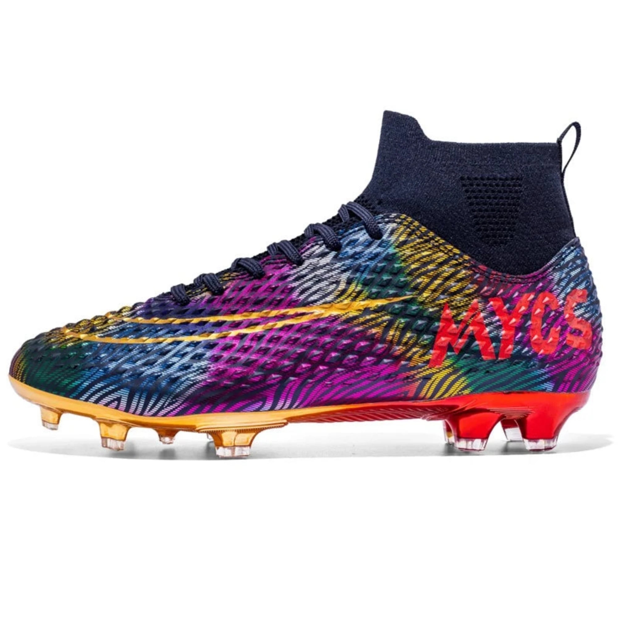 A pair of kids' soccer cleats with a colorful design, featuring gold and red accents on a black base color, with a knitted collar and anti-slip rubber sole.