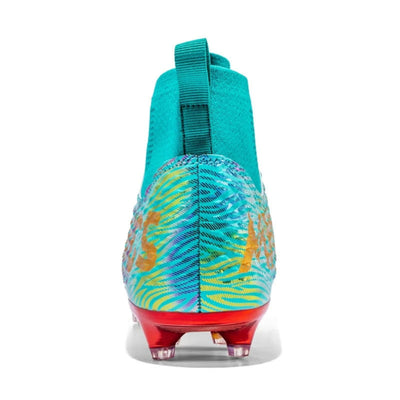 Colorful soccer cleat with red soles on a back view