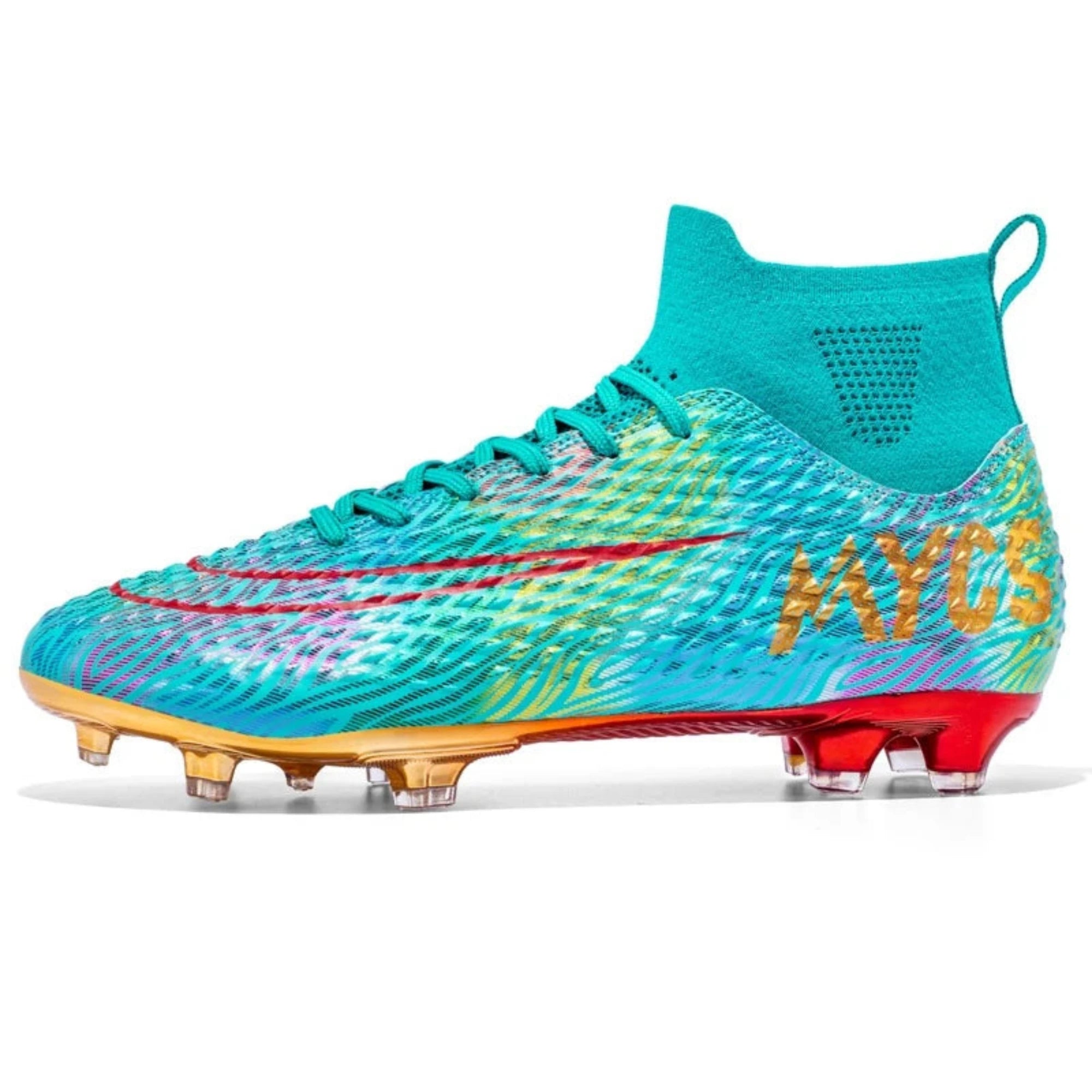 Turquoise soccer cleat with red and yellow accents on a side view