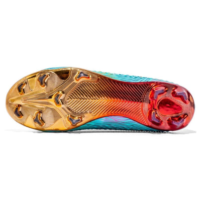 Colorful athletic shoe sole with gold, red, and blue design