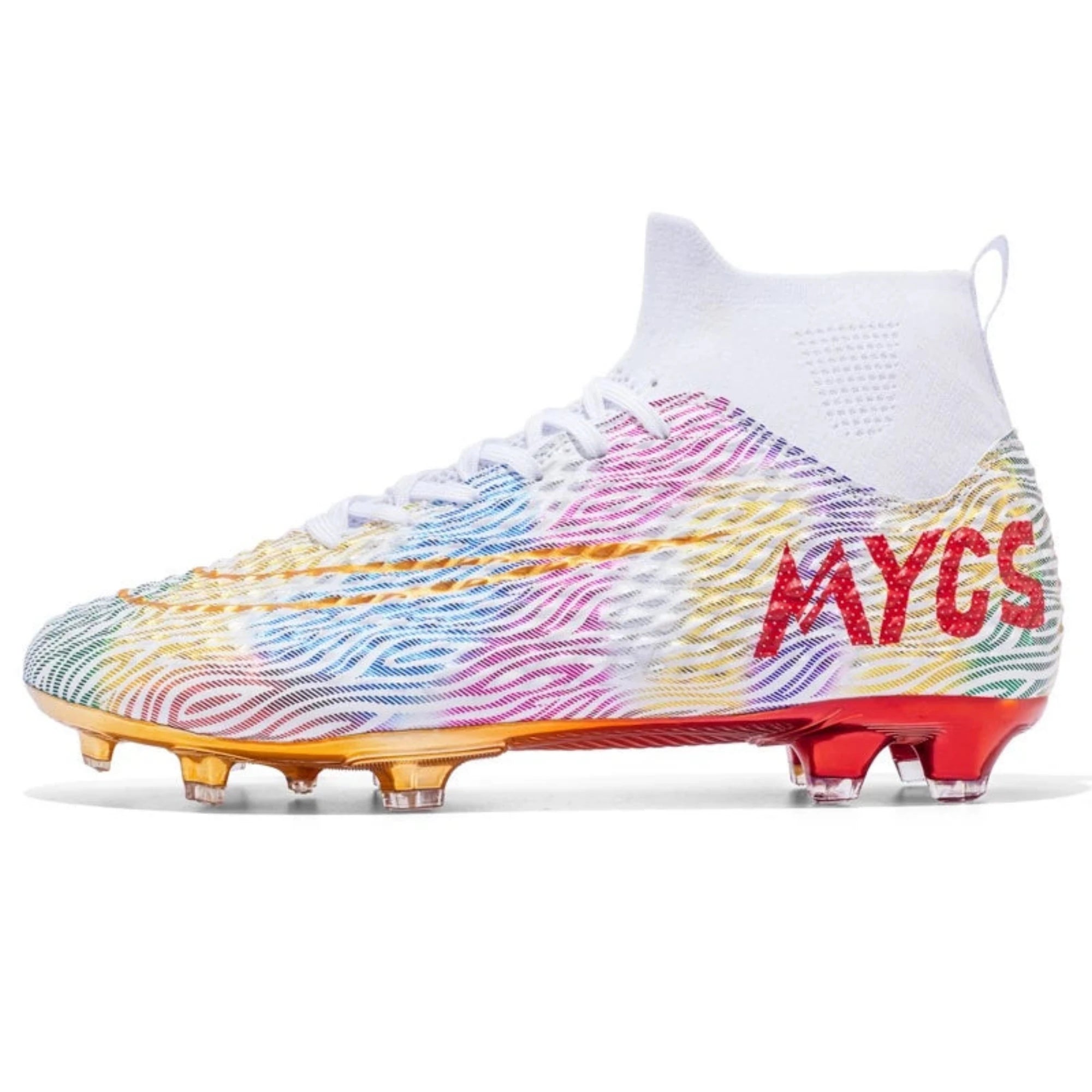 Colorful soccer cleat with multicolor pattern and red  branding on a side view