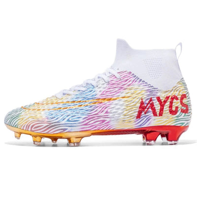 Colorful soccer cleat with multicolor pattern and red  branding on a side view