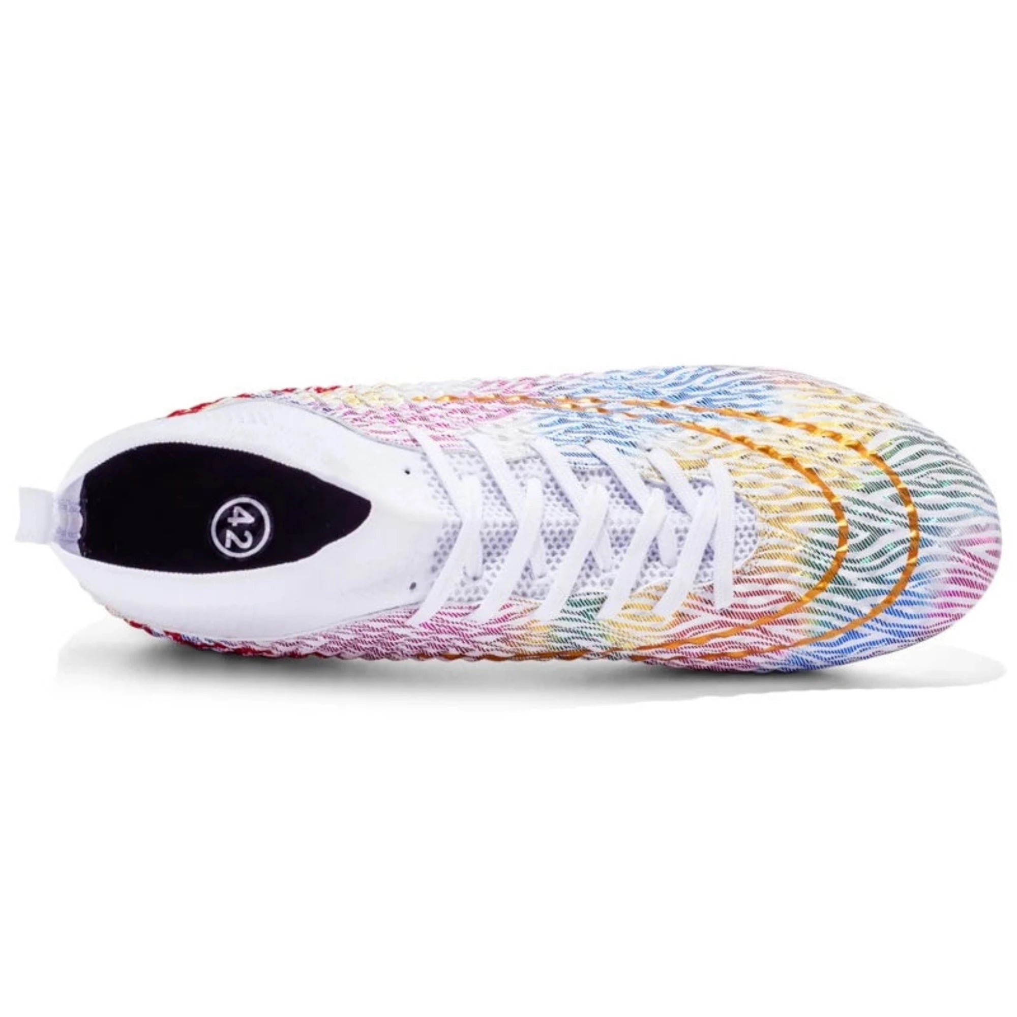 Multicolored sneaker with a white sole on a white background