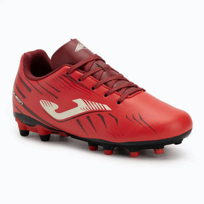 Red soccer cleat with black sole on a front view