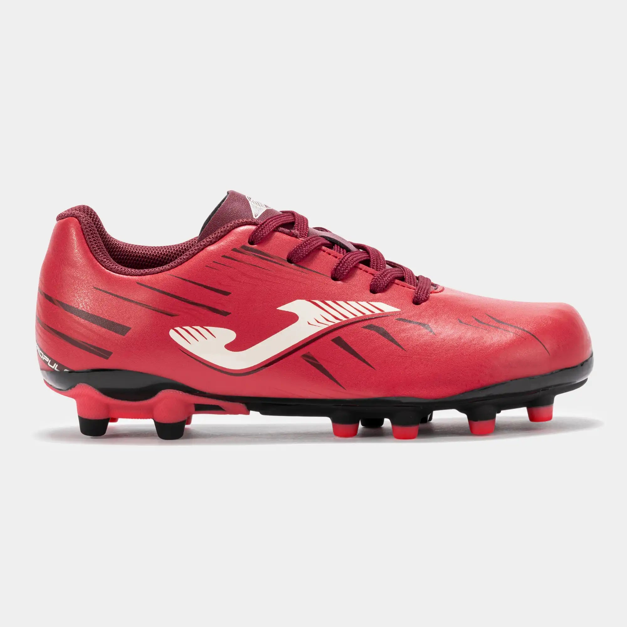 Red soccer cleat with black sole on right side view