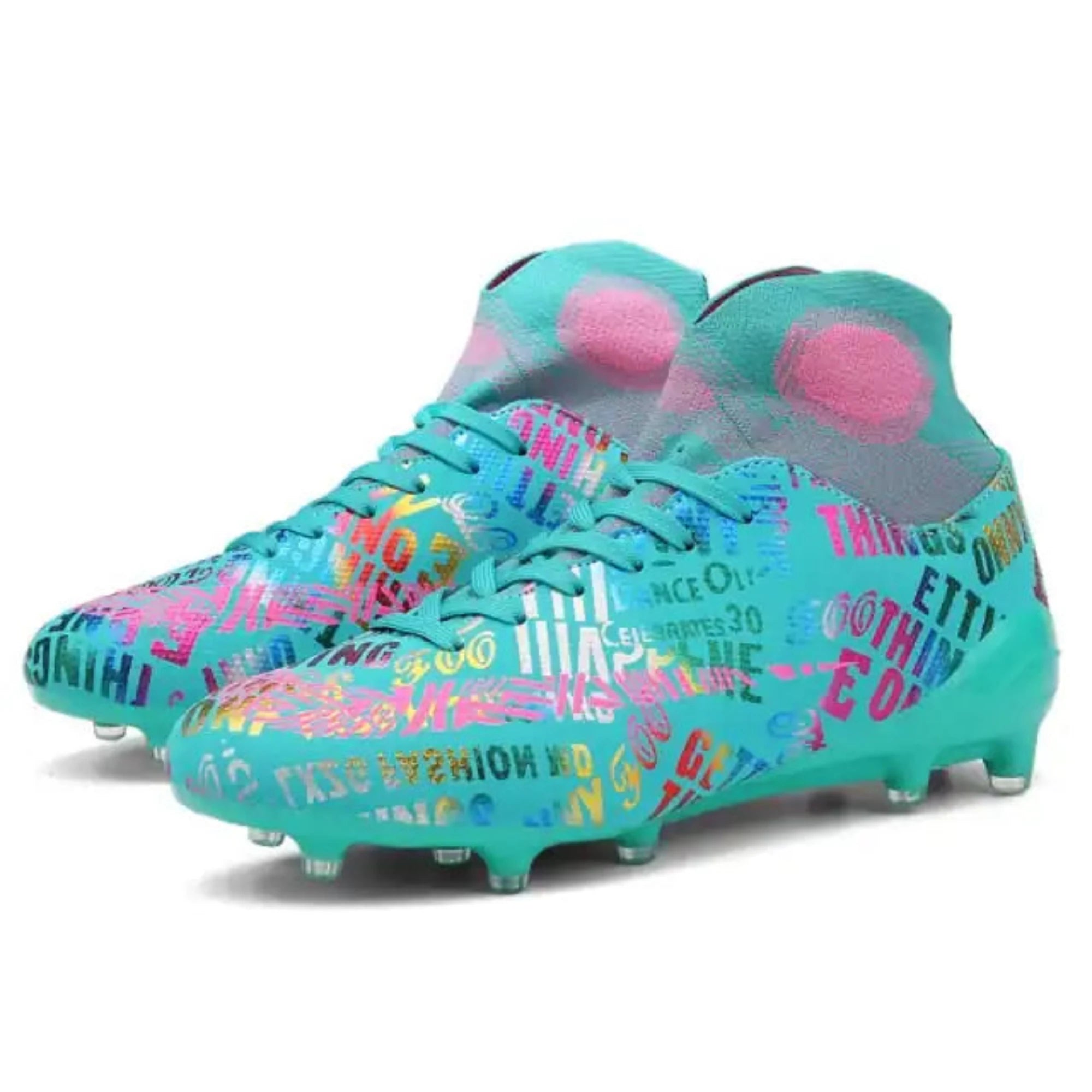Turquoise soccer cleats front side