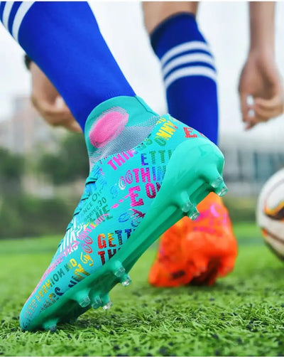 Colorful soccer cleats on a grass field 