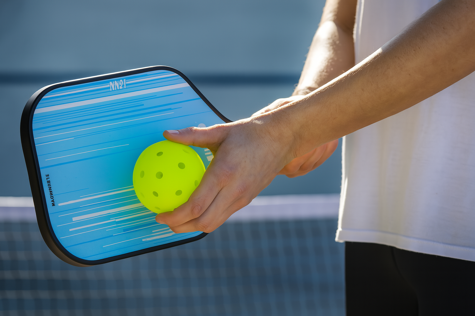 Person holding a pickleball paddle and ball on a court