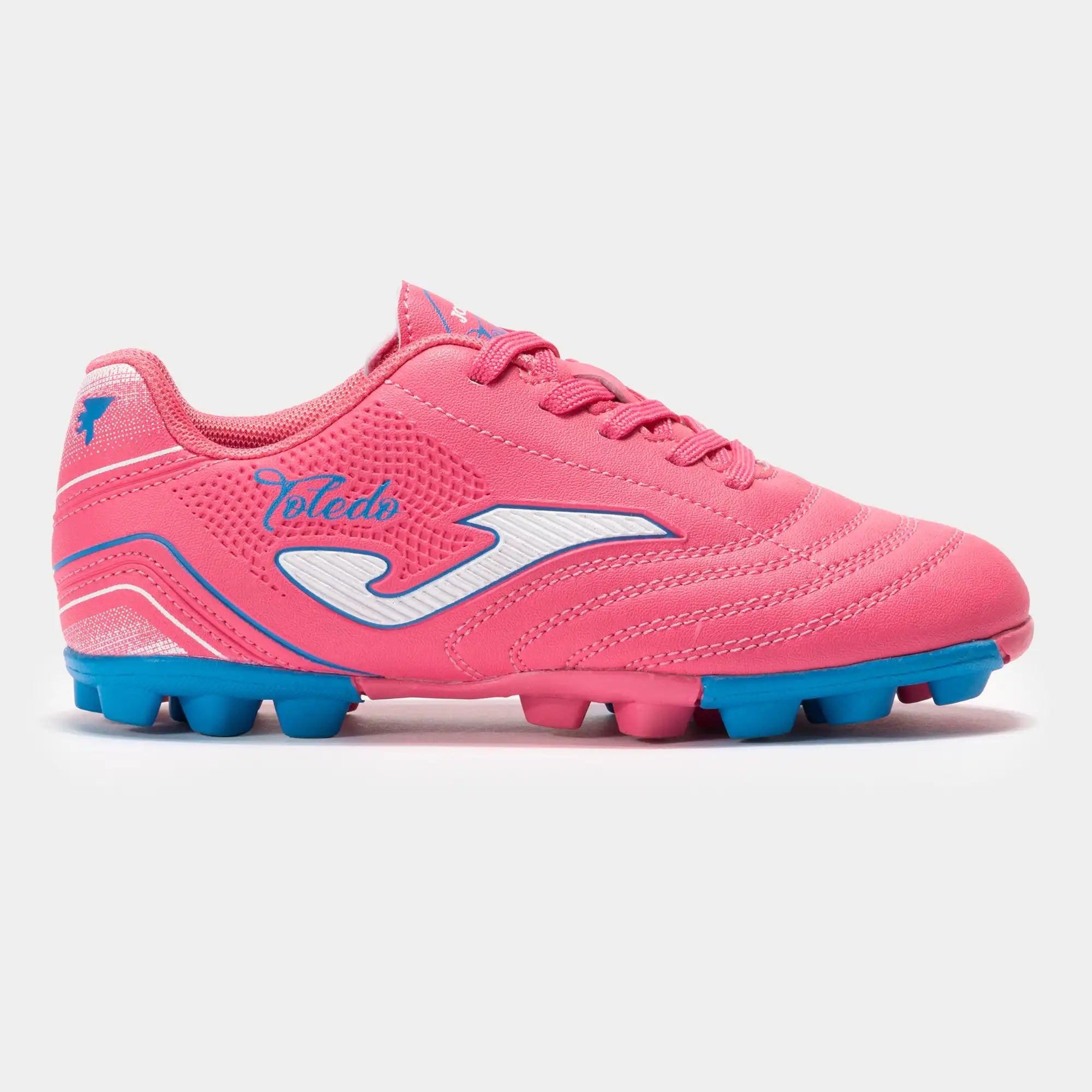 Pink soccer cleat with blue soles onside view